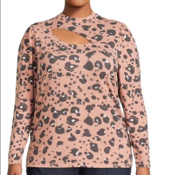 Women's Plus Size Asymmetrical Mock Neck Cut-Out Printed Top - Picture 1 of 5